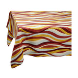 Linen rectangular tablecloth with an organic, undulating pattern in red, burgundy, blue, green and ivory hues.