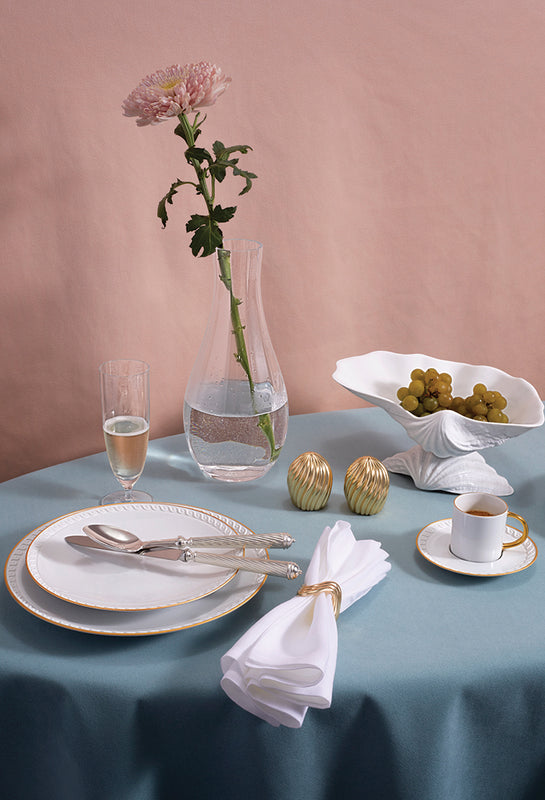 Neptune Spring Table Setting with Formal Dinnerware and Pastel Linens