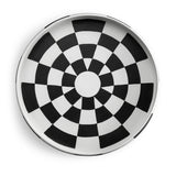 Damier Round Platter - Large. Black and white checkerboard glaze pattern on a low, round porcelain platter.