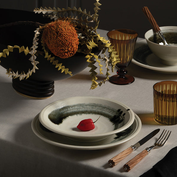 Sumi Dinnerware Fall Tablescape with Prism Glassware and Alhambra Wooden Serveware