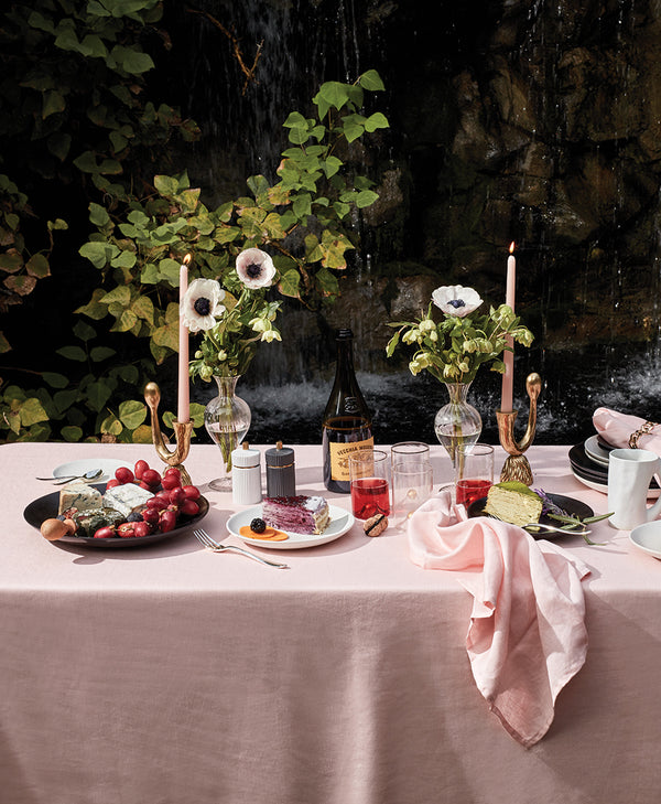 Garden Party Table with Pink Linens and Black + White Dinnerware
