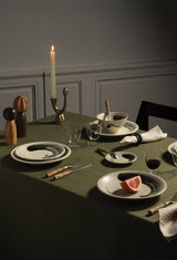 Sumi Dinnerware Fall Tablescape with Prism Glassware and Alhambra Wooden Serveware