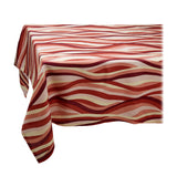 Linen rectangular tablecloth with an organic, undulating pattern in red, pink and ivory hues.