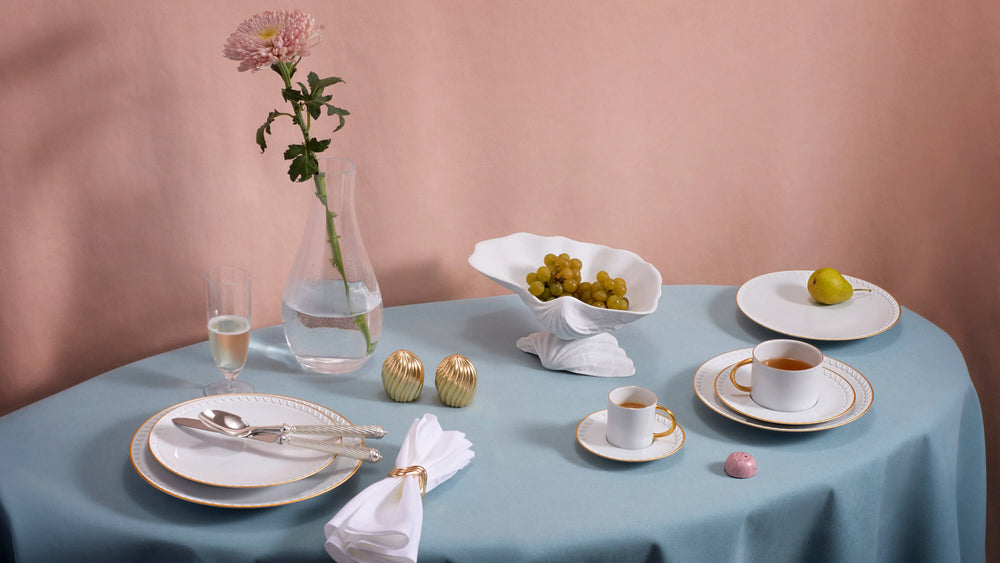 Neptune Spring Table Setting with Formal Dinnerware and Pastel Linens