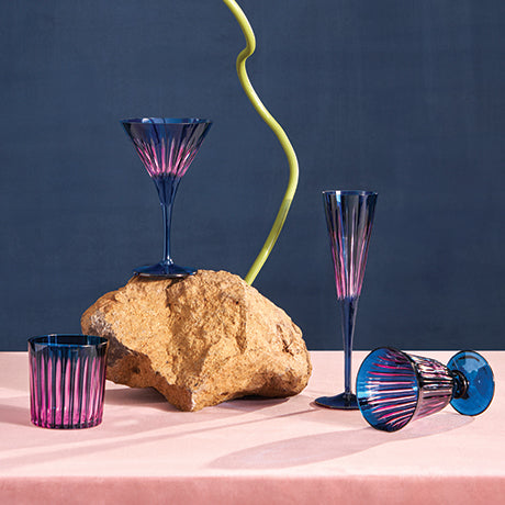 Prism Glassware Blue on Stone and Pink Table