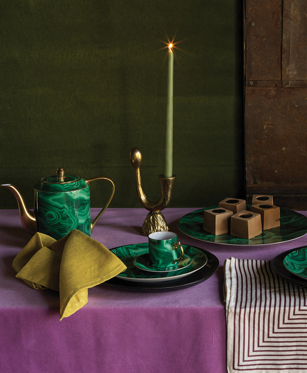 Bold and Vibrant Dinnerware Setting with Purple Mustard and Green