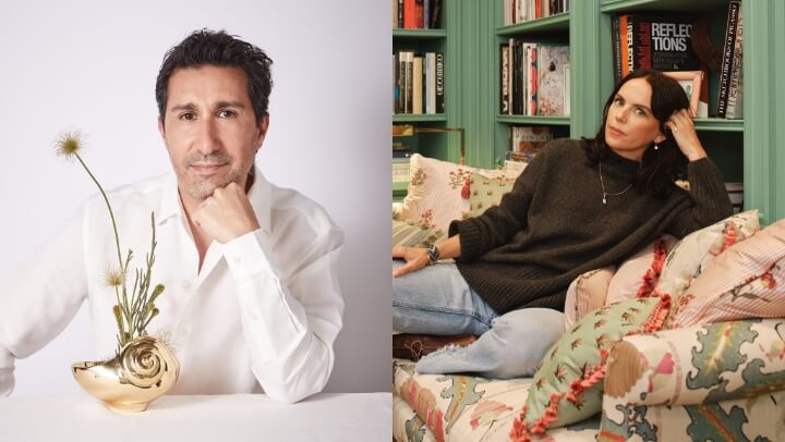 A split-screen lifestyle portrait featuring two women in separate indoor settings. The left side shows a man in a white shirt resting his chin in his hand next to a gold vase with dried flowers.