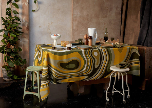 Linen Sateen Waves Tablecloth - Green + Yellow