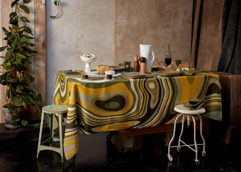 Linen Sateen Waves Tablecloth - Green + Yellow
