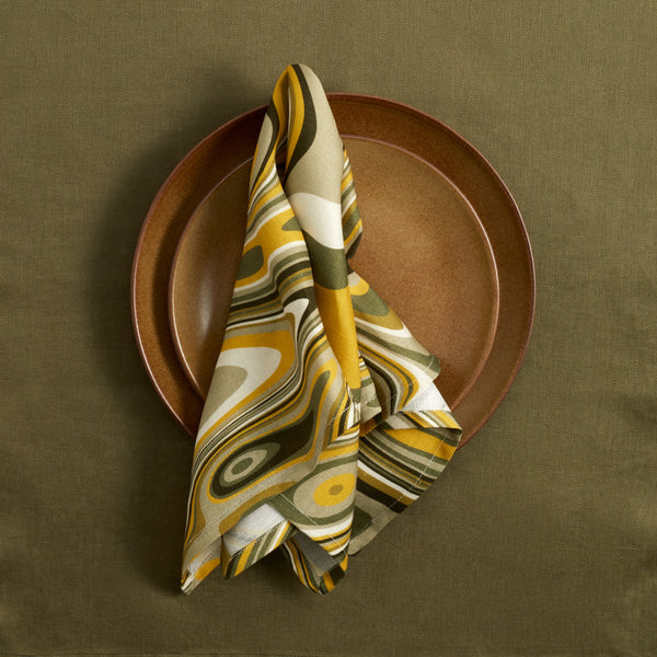 Linen Sateen Waves Napkins - Green + Yellow (Set of 4)