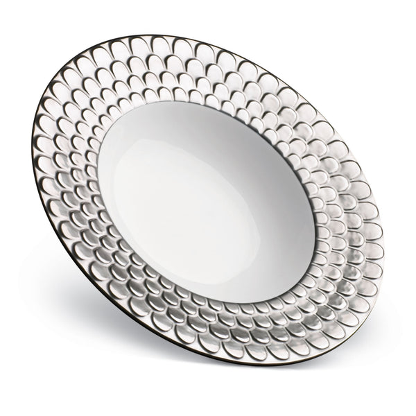 Aegean Rimmed Serving Bowl in Platinum - Sculpted Wave Motif Design with a Nod to Greco-Roman Treasures of the Ancient World