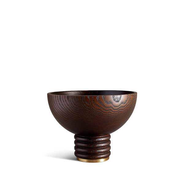 Alhambra Bowl -  Medium. Hand-carved, fine smoked ash bowl floating on stacked wood pedestal with a brass base.