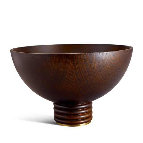 Alhambra Bowl - Large. Hand-carved, fine smoked ash bowl floating on stacked wood pedestal with a brass base.