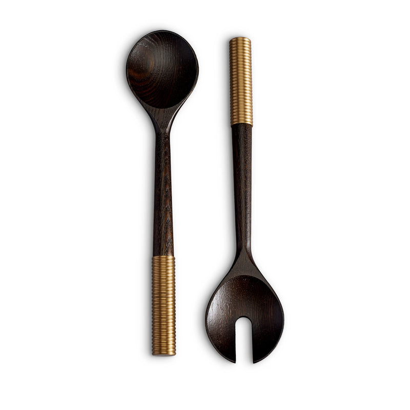 Alhambra Serving Set (2 Piece Set). hand-carved, fine smoked ash serving utencils with brass ring details.
