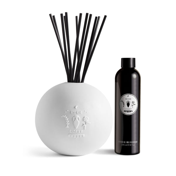 Rose Noire Diffuser Set - Black Bottle of Scented Oil Refill - Fragrant and Indulgent Aromatic Expressions