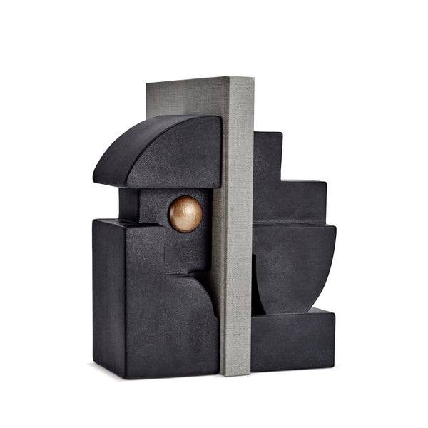 Cubisme One Bookend in Black and Gold - Crafted from Lightly Textured Earthenware - Simple Geometric Shape with Subtle Style