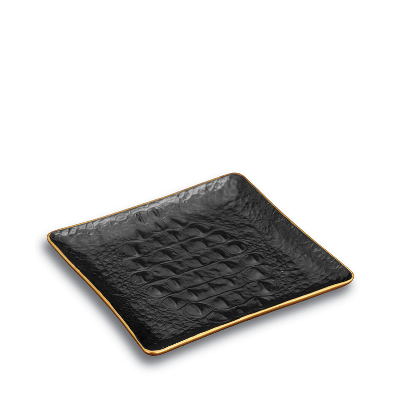 Small Crocodile Square Tray in Gold - Exemplary Workmanship with Hand-Crafted Metals and Limoges Porcelain