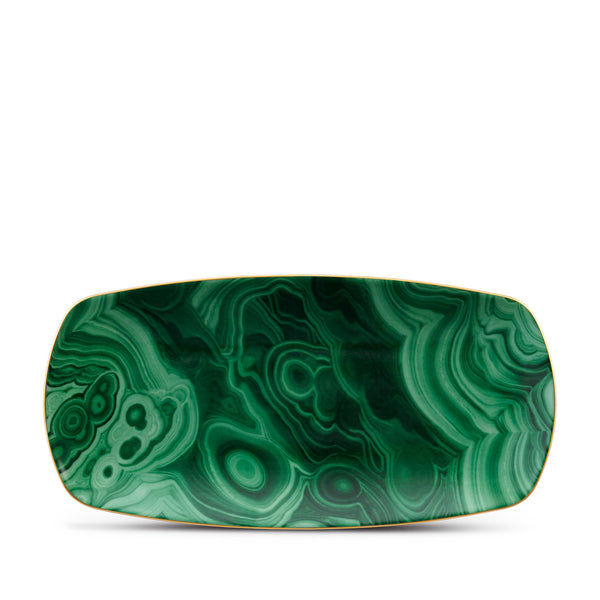 Medium Malachite Rectangular Tray in Green - Limoges Porcelain and Earthenware Boasts Hand-Gilded 24K Gold Accents