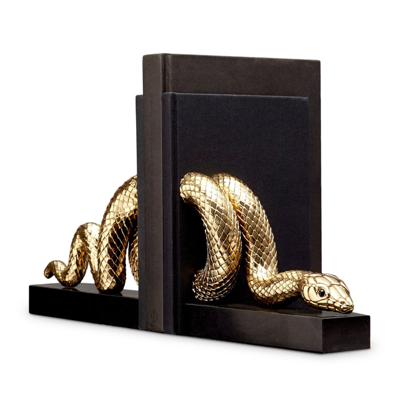Gold Snake Bookend Set by L'OBJET - Exemplary Workmanship with Hand-Crafted Metals and Limoges Porcelain