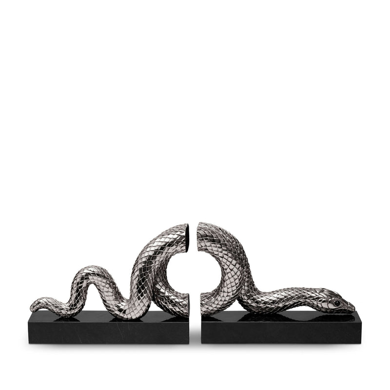 Snake Bookend Set in Platinum by L'OBJET - Exemplary Workmanship with Hand-Crafted Metals and Limoges Porcelain