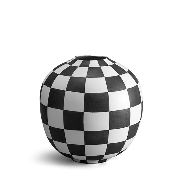 Damier Vase - Large. Black and white checkerboard glaze pattern on an orb-shaped porcelain vase.