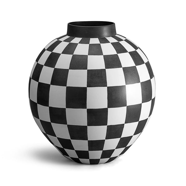 Damier Vase - X-Large. Black and white checkerboard glaze pattern on an orb-shaped porcelain vase.
