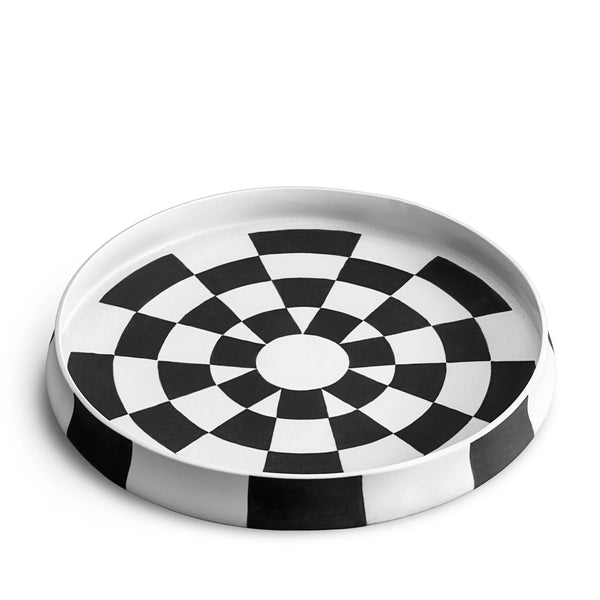 Damier Round Platter - Large. Black and white checkerboard glaze pattern on a low, round porcelain platter.
