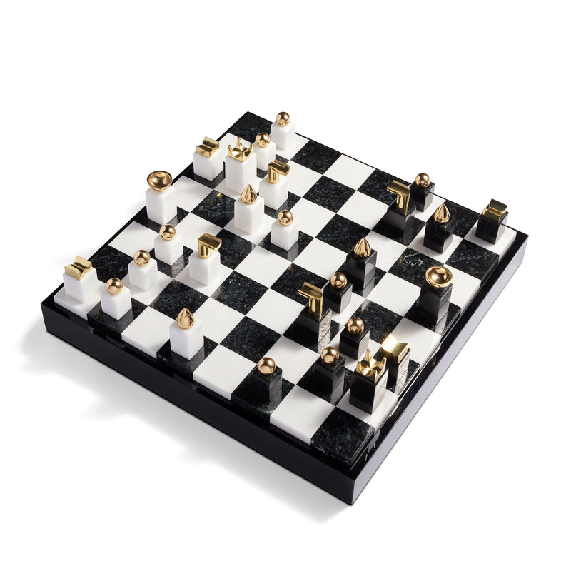 Chess Set in Black and Gold - Luxurious Craftmanship with Playful Details - Created with Ebony Wood, Marble, Brass, & Shell Inlay
