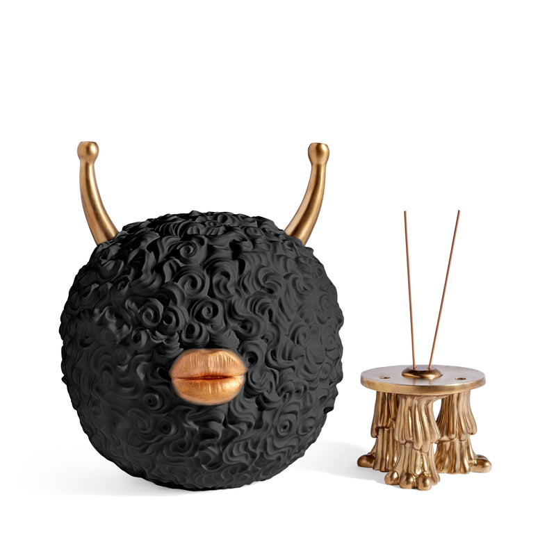 Haas Monster Incense Burner in Black - Mystical Matte Black Sculpture Adorned with Two Gold Horns and Gold Lips