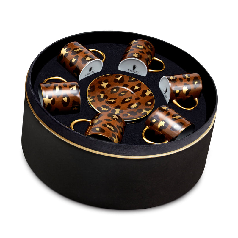 Set of Six Sophisticated Leopard Espresso Cups and Saucers Adorned with 24K Gold Rims - Hand-Crafted Leopard Set in Ageless Design