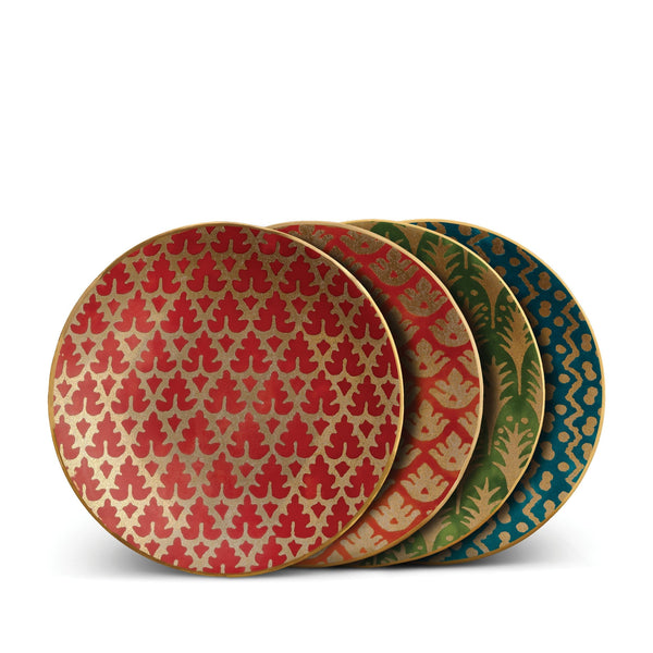 Fortuny Canape Plates in Red, Orange, Green, & Teal - Vibrant Designs Reminiscent of the Artisans of Venice - Crafted from Unique Earthenware and Metals