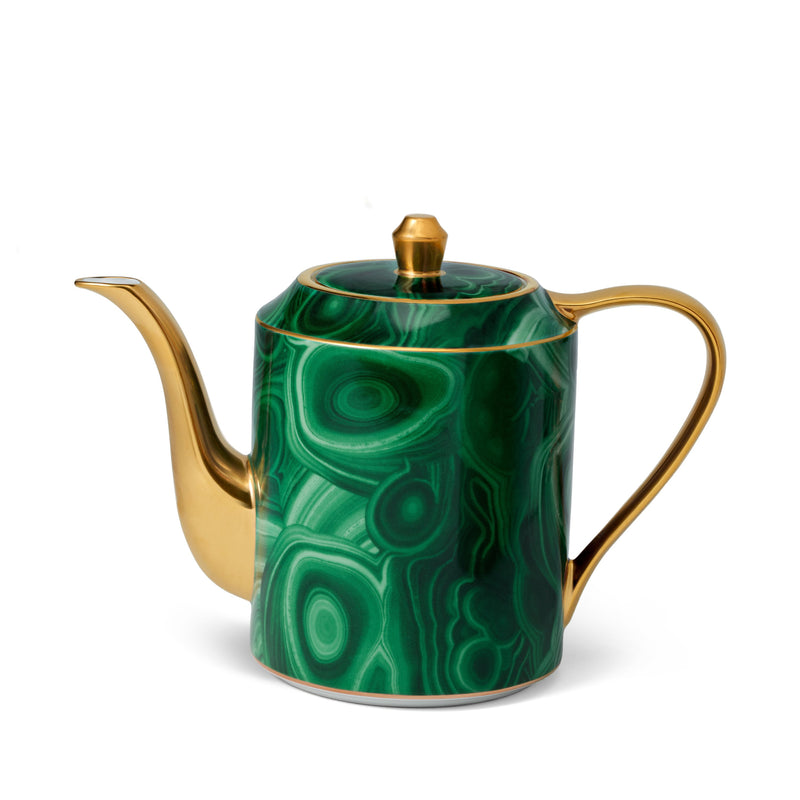 Elevated Malachite Teapot - Made of Limoges Porcelain and Earthenware - Hand-Gilded with 24K Gold Accent