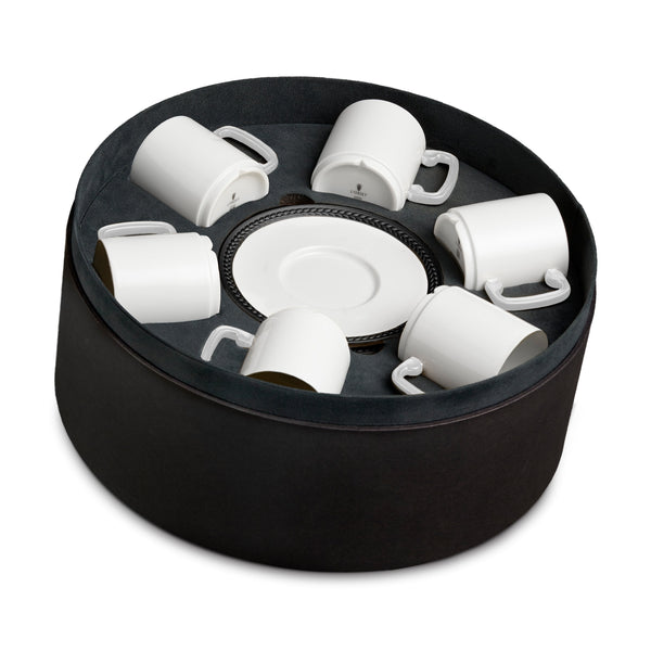 Set of 6 Soie Tressée Espresso Cups and Saucers in Black - Classic Yet Modern Design Made of Limoges Porcelain