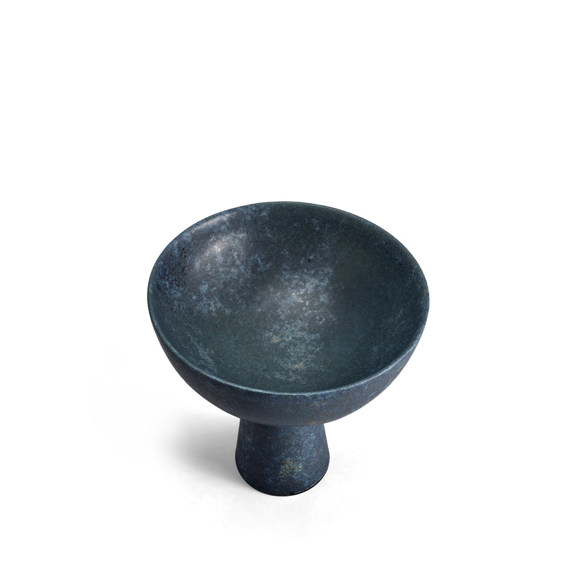 Terra Bowl on Stand - Small. A round porcelain bowl on tall stand with a dark mineral glaze.