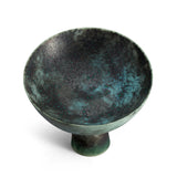 Terra Bowl on Stand - Medium. A round porcelain bowl on tall stand with green oxidized glaze.