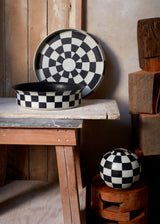 Damier platter, bowl and small vase with black and white checkered pattern