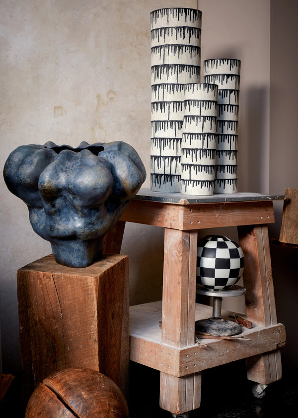 L'Objet decoravtive objects- Tokasu porcelain vases with indigo drop design, damier checkerboard pattern round vase, Timna scuplted vase with  mineral glaze