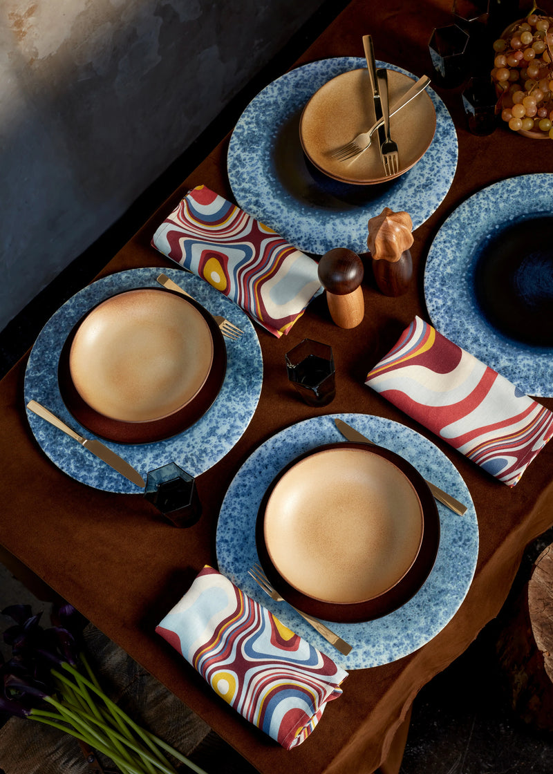 Table set with Terra indigo placemats and Linen Sateen Waves Napkins  - Multi-Color.